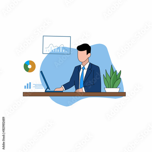 Man works on laptop, attracts new customers, makes ad mailing. Vector illustration of people characters activities.