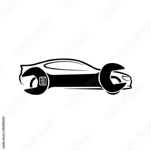 Modern black and white icon combining a car silhouette with spanner wrenches, symbolizing expert automotive repair, efficient vehicle maintenance, and dependable car service solutions