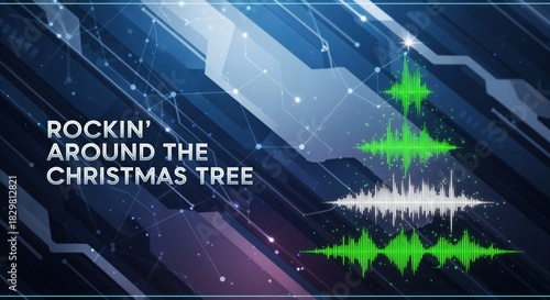 Rockin' Around the Christmas Tree Holiday Music Graphic with Sound Waves and Festive Design