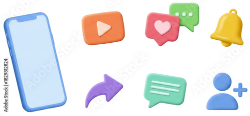 Fényképezés 3D rendered collection of social media and mobile application icons including phone, play, like, comment, notification, share, message, and add friend