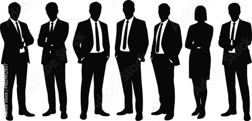 A group of diverse business people including men and one woman standing in suits