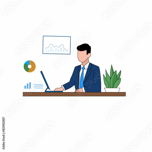 Man works on laptop, attracts new customers, makes ad mailing. Vector illustration of people characters activities.