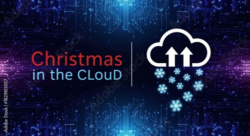 Christmas in the CLoUD with Digital Snowflakes and Cloud Computing Theme on Circuit Board Background