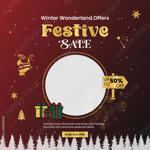 Modern Christmas Sale Social Media Banner Template with Red Background, Golden Text, Gift Boxes, and Circular Photo Placeholder Vector Illustration.