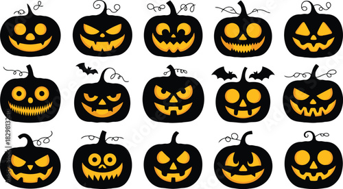 A large collection of fifteen distinct black Halloween jack o lanterns with diverse orange carved faces