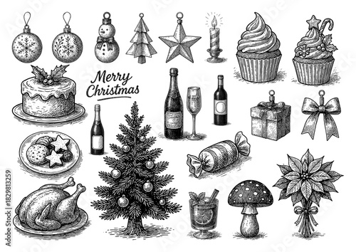 クリスマスアイテムのペン画セット、Christmas Items Pen Drawing Set