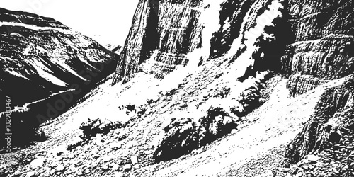 High contrast graphic illustration of rugged mountain landscape isolated on white background