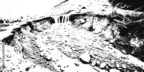 Eroded gully landscape with rocky terrain and waterfall feature. isolated on white background