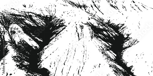 Stylized monochrome mountainous landscape grunge design backdrop isolated on white background