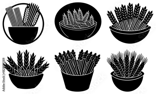 Black and white bowl of wheat, a nutritious grain for baking bread, making beer, and feeding livestock with a healthy diet from the farm