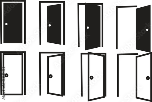 door icons set in black line and flat style. Door icons set. Open, close and ajar door. Doors collection. Opened entrance door set flat style - stock vector. isolated on transparent background