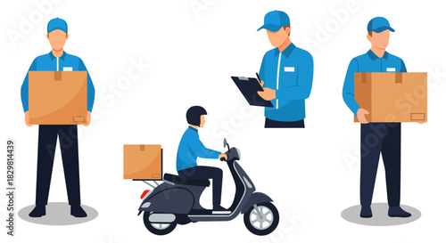 A modern flat design vector set illustrating key personnel in logistics and delivery services. The set features male couriers in blue uniforms carrying packages, and performing delivery on a scooter