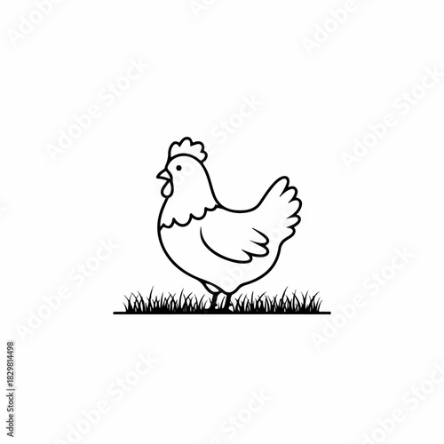 Minimalist black and white hen illustration. An outline drawing of a domestic fowl standing on a grassy patch, suitable for a farm or food brand emblem
