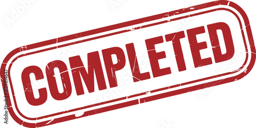 A textured red square rubber stamp with the word COMPLETED clearly visible on a clean white background