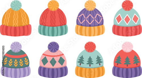 A vibrant collection of knitted winter hats with charming patterns and soft pom poms ready for cold temperatures