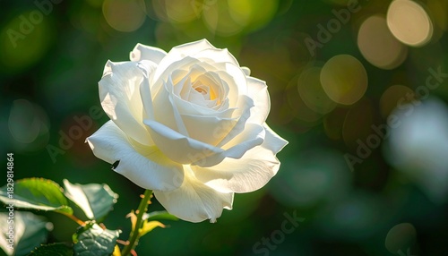 Close-up of a blooming white rose with soft petals and natural lighting against a green foliage background.