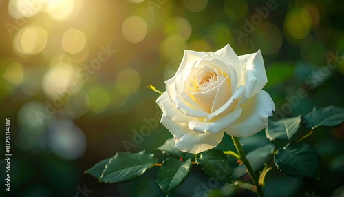 Close-up of a blooming white rose with soft petals and natural lighting against a green foliage background.