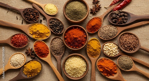 Overhead shot of various colorful spices in wooden bowls and spoons on a burlap cloth