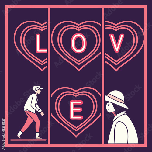 LOVE spelled out with hearts and figures in a grid love letter