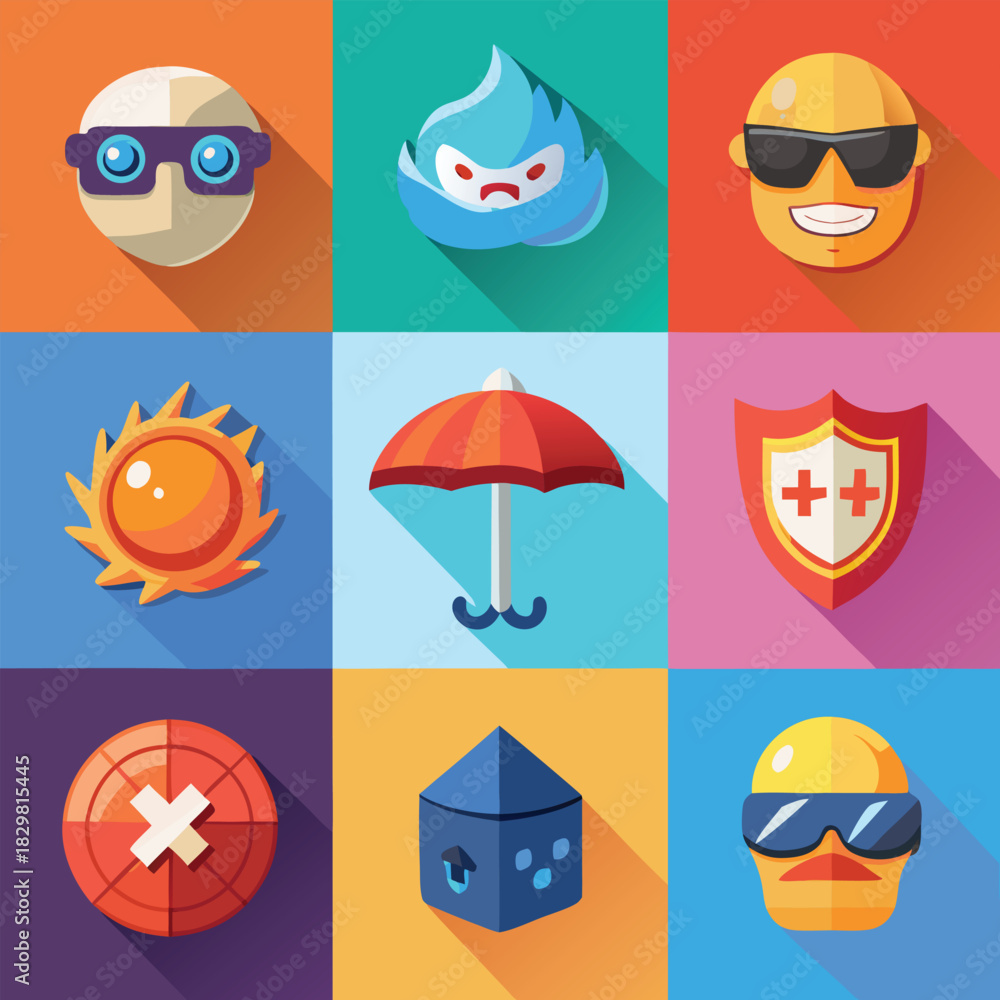 Fototapeta premium Nine flat design icons with long shadows on colorful backgrounds Keywords: icons, flat design, long shadow, graphic design, illustration, symbols