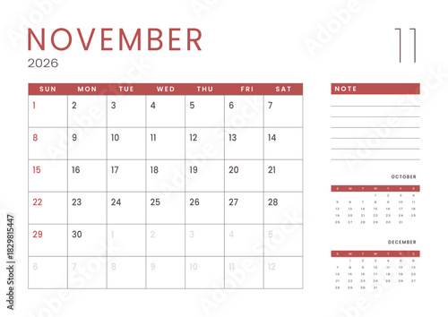 Monthly page Calendar Planner Template design of November 2026. Vector layout of calendar with week start Sunday for Scheduling. Page for size A4 or 21x29.7 cm