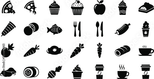 Black and white food and drink icons set vector illustration