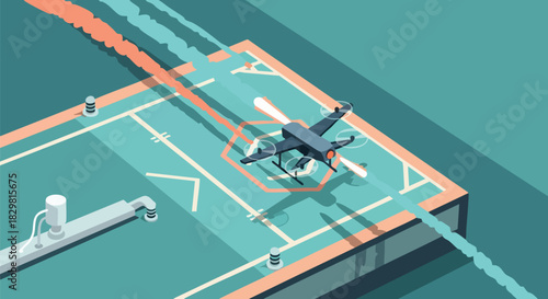 An isometric view depicts a drone taking off from a landing pad with vapor trails, illustrating technology and transport.
