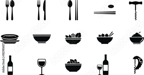 Black and white silhouette icons of dining utensils and food