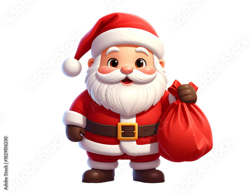 Cute cartoon santa claus with a red gift bag isolated on transparent background
