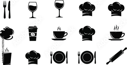Culinary icons black and white food and drink silhouettes