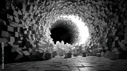 Fototapeta Naklejka Na Ścianę i Meble -  Black and white image of a tunnel formed of cubes with bright light at its end