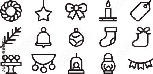 Festive Christmas Icons Set with Tree Branch Wreath Ornaments and Holiday Elements for Winter Celebrations