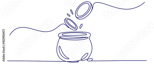 Continuous line drawing of coins falling into a pot design