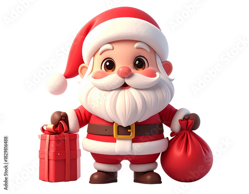 Cute cartoon santa claus holding a gift and a sack isolated on transparent background