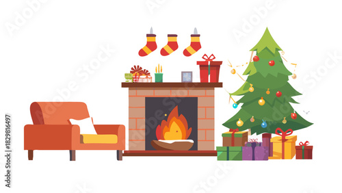 A cozy living room decorated for Christmas with stockings, a fireplace, wrapped presents, and a glowing Christmas tree