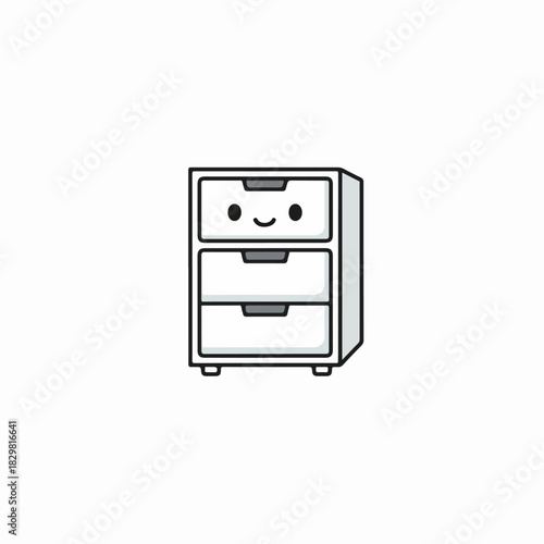 Charming and minimalist vector illustration of a small, smiling white filing cabinet with three drawers, perfect for office organization, adorable decor, or playful design concepts