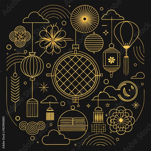Golden circular emblem with traditional Asian motifs and celestial elements Keywords: gold, circular, emblem, Asian, traditional, motif, celestial