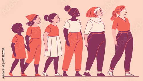 Diverse group of women walking together, celebrating female empowerment and sisterhood, ideal for promoting inclusivity and growth, showing strength and unity in numbers