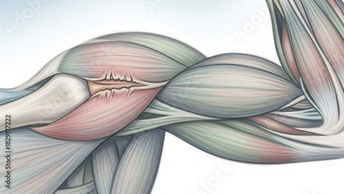 Illustration of a muscular arm showing biceps and triceps with anatomical details in pastel colors