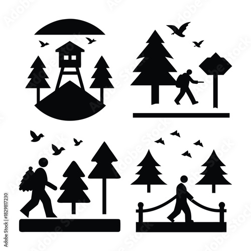 Set of four silhouette icons representing outdoor activities and nature scenes