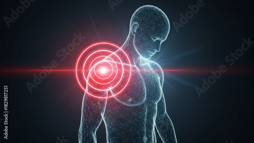 Human body with shoulder pain highlighted by red circles and a horizontal red light effect
