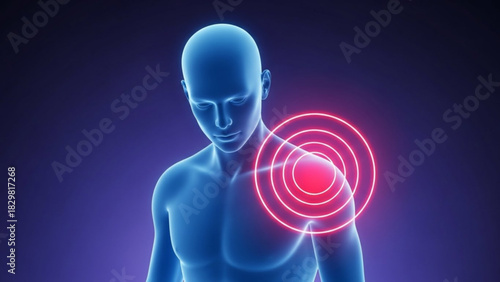 Illustration of a human figure with shoulder pain highlighted by concentric red circles effect on the body