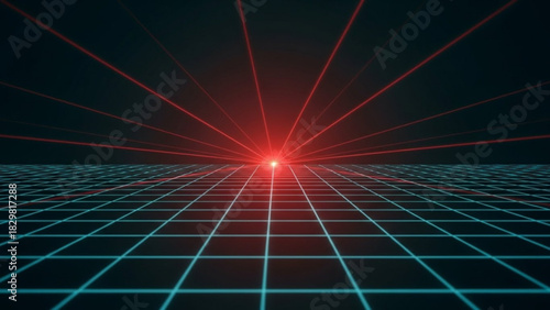 Perspective view of a glowing red light source with grid and laser beams in a dark background
