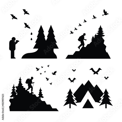 Silhouette scenes of hikers and campers in natural mountain and forest environments