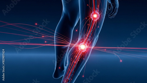 Human leg with red nerve pathways and glowing nodes against a blue gradient background anatomy view