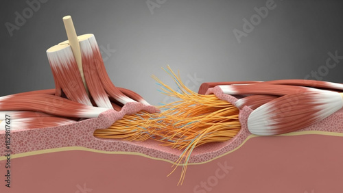 Illustration showing a cross section of muscle tissue with nerves and tendons in anatomical detail