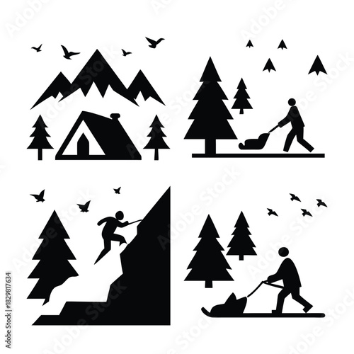 Outdoor adventure silhouettes camping hiking climbing and snowshoeing