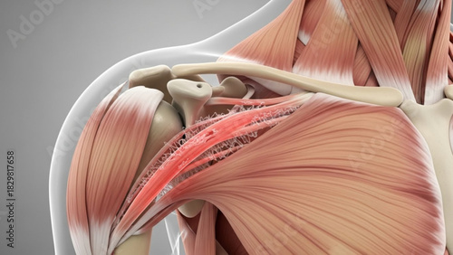 Anatomical view of shoulder muscles and bones including the clavicle and the humerus in detail