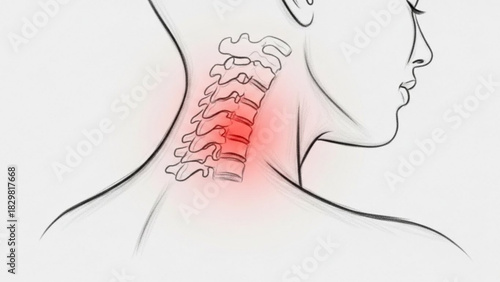 Illustration of a neck with visible spine and red area indicating pain or inflammation shown on the spine