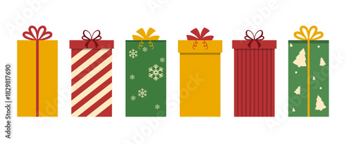 Christmas present box illustration set with festive wrapping patterns in modern flat style perfect for holiday celebration graphics gift decoration printable assets packaging design templates